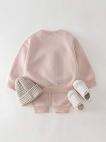 SHEIN THE HAPPY LOOK 2pcs/Set Young Boy Cartoon Animal Print Soft Knit Crew Neck Long Sleeve Pullover Sweatshirt And Elastic Waist Pants - Apricot - View 2