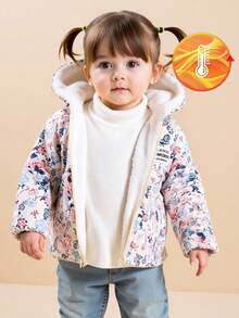 SHEIN Vintaside Kids 复古碎花连帽女婴外套，拉链闭合，保暖内衬，休闲时尚冬季外套，女婴夹克，女婴外套，女婴连帽夹克 - 杏色 - 查看 3