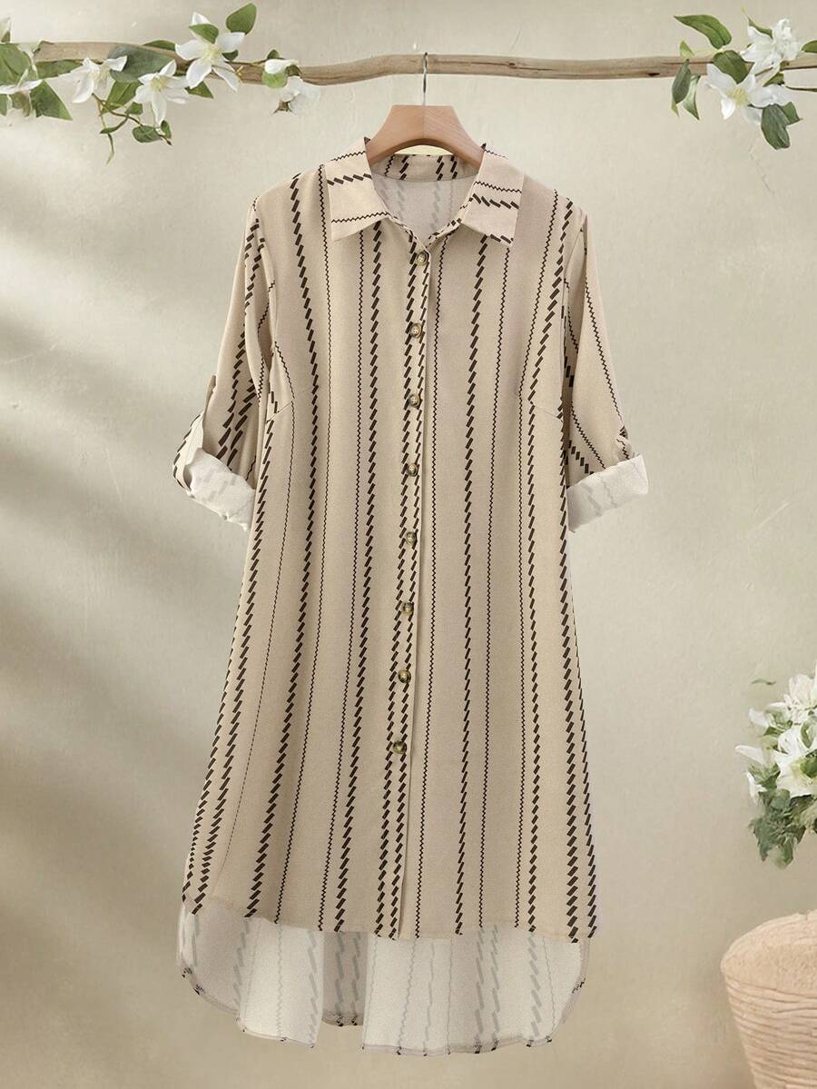 Linhara 大码条纹休闲长袖衬衫领连衣裙，秋冬 - 彩色 - 查看 1