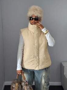 Maweii 大码灯芯绒背心外套，秋冬时尚 - 杏色 - 查看 8