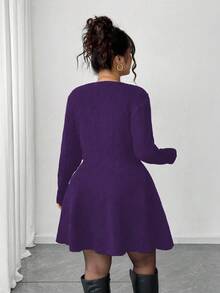 Elenzga Cardigan Wanita Ukuran Besar Elegan Warna Polos Kerah V Kancing Depan, Musim Gugur/Dingin - Purple - View 2