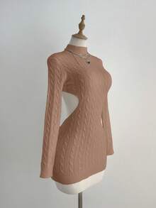 Elamini Vestido de suéter de punto retorcido con espalda descubierta sexy para mujer - Marrón Mocha - Ver 5