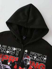ROMWE MEN Street Life Sudadera casual y de moda para hombre con estampado de personaje, letra, rhinestone, patrón de llama, cremallera, forro polar, cálida para otoño/invierno - Negro - Ver 3