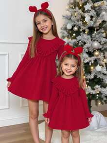 SHEIN Young Girl Solid Color Round Neck Ruffle Hem Casual Knit Dress - Red - View 2