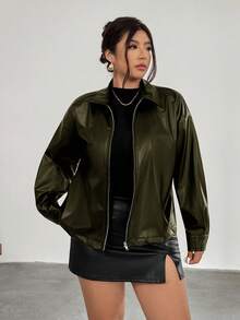 Firerie Plus Size Women Black Long Sleeve PU Leather Jacket/Winter Green - Green - View 3