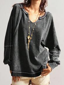 Bohemela Áo thun nữ tay dài cổ chữ V màu trơn đơn giản, rộng rãi, giặt thoải mái - màu đen - Xem 2