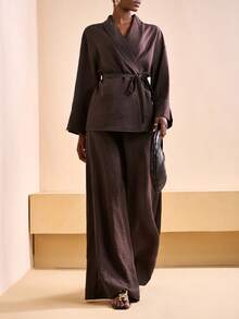 Zivah 2025 Herbst und Winter Neue Lässige Pendler Locker Braun V-Ausschnitt Wickel Langarm Bluse + Hohe Taille Weite Bein Hose Damen Zweiteiler, Geeignet für tägliche Ausflüge, Reisen, Treffen mit Freunden, Business Lässig Damen, Brunch Outfits für Damen, Pendeln, Party, Urlaub, Old Money Stil, Einkaufen, Bankett, Elegant, Party, Date, Lässig, Weihnachten, Neujahr-A