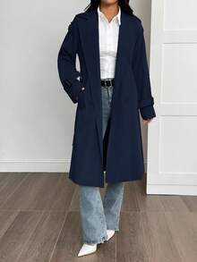SHEIN PETITE 女款純色極簡休閒保暖長袖風衣，秋季女裝，適合嬌小女性 - 藏蓝色 - 查看 8