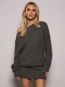 SHEIN BAE Vestido de punto casual de mujer con hombros caídos y unicolor - Gris Oscuro - Ver 6