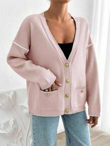 EURMUSE Women Solid Color Deep V-Neck Handmade Stitch Detailed Cardigan - Baby Pink - View 6