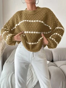 EURMUSE Striped Round Neck Drop Shoulder Sleeve Casual Sweater - Camel - View 4