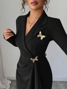 Elenzga 长袖刺绣棕色蝴蝶金属纽扣褶皱设计连衣裙，法式优雅精致通勤修身喇叭下摆秋冬开衩连衣裙 - 黑色 - 查看 4