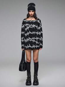 ROMWE Grunge Punk Spring/Summer Party Casual Punk Thorn Pattern Loose Pullover Sweater - Black - View 6