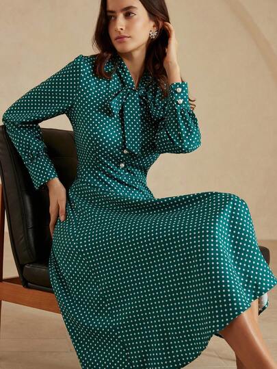 Aveloria Rosie Elegancka sukienka do pracy, nadruk w kropki w stylu vintage, spódnica midi w kształcie litery A, stójka z długim rękawem, mankiet koszulowy, okrągłe perłowe guziki, kokardka, bufiaste rękawy, uniwersalna, swobodna, wyszczuplająca talia, noszona samodzielnie lub jako warstwa wierzchnia