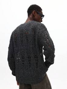 SUMWON Crop Fit Extreme Distressed Marled Knit Jumper Crew Neck Long Sleeve Sweater With Holes Winter Fall Streetwear - Dark Grey - View 2