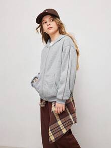 Tween Girl Plaid & Letter Print Hooded Long Sleeve Jacket - Light Grey - View 2