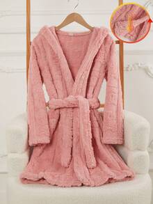 Girls' Pink Minimalist Bear Jacquard Fleece Long Robe, Casual Sleepwear For Winter Home Scenes, Warm Throughout The Winter - Baby Pink - View 3