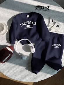 SHEIN 秋冬款男童休闲字母印花卫衣和运动裤套装 - 寶藍色 - 查看 7