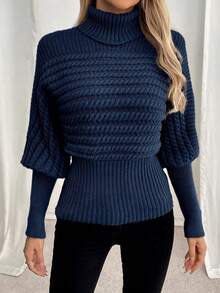 EMERY ROSE Áo len chui đầu cổ lọ dệt kim cáp dáng rộng sang trọng cỡ lớn ôm vừa vặn - Màu xanh hải quân - Xem 6