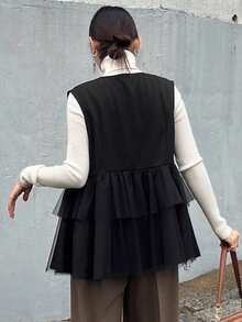 FRIFUL Women's Solid Color Round Neck Sleeveless Front Button Ruffle Hem Casual Jacket - Black - View 3