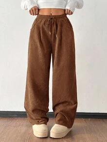 SHEIN PETITE 女款秋冬街頭時尚休閒復古燈芯絨紋理長褲，彈性腰寬鬆大廓形棕色女褲，秋季冬季 - 摩卡棕 - 查看 6