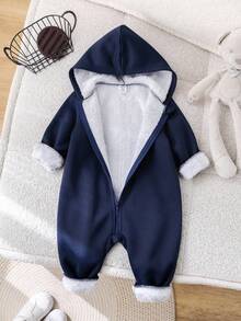 SHEIN Bộ đồ liền thân dệt kim mềm mại dày dặn màu xanh navy chải kỹ cho bé trai/bé gái có mũ trùm đầu, có khóa kéo, đa năng cho cả mặc trong nhà và ngoài trời, mùa thu/đông - Màu xanh hải quân - Xem 5