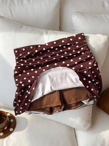 Comfortcana 棕色针织圆点褶饰 A 字迷你裙 - 棕色 - 查看 4