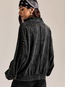 Easelle 宽松水洗铆钉拉链卫衣 黑色水洗秋冬百搭雪洗卫衣 铆钉复古休闲 - 黑色 - 查看 2
