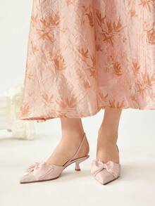 CUCCOO CHICEST Women's Pointed Toe Kitten Heel Pumps With Bow Decor, Solid Color, Ankle Strap, Elegant Daily Wear, For Outdoor Shopping, Festivals, Parties, Spring Summer Winter, Pair With Satin Dresses Spring Shoes Spring Break Easter Prom Heels - Baby Pink - View 3