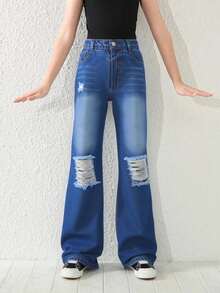 SHEIN Tween 女童休闲宽松直筒基本款水洗破洞牛仔裤 + 基本款松紧腰 + 浅蓝色破洞牛仔裤，适合所有季节，面料舒适 - 中等水洗藍 - 查看 8