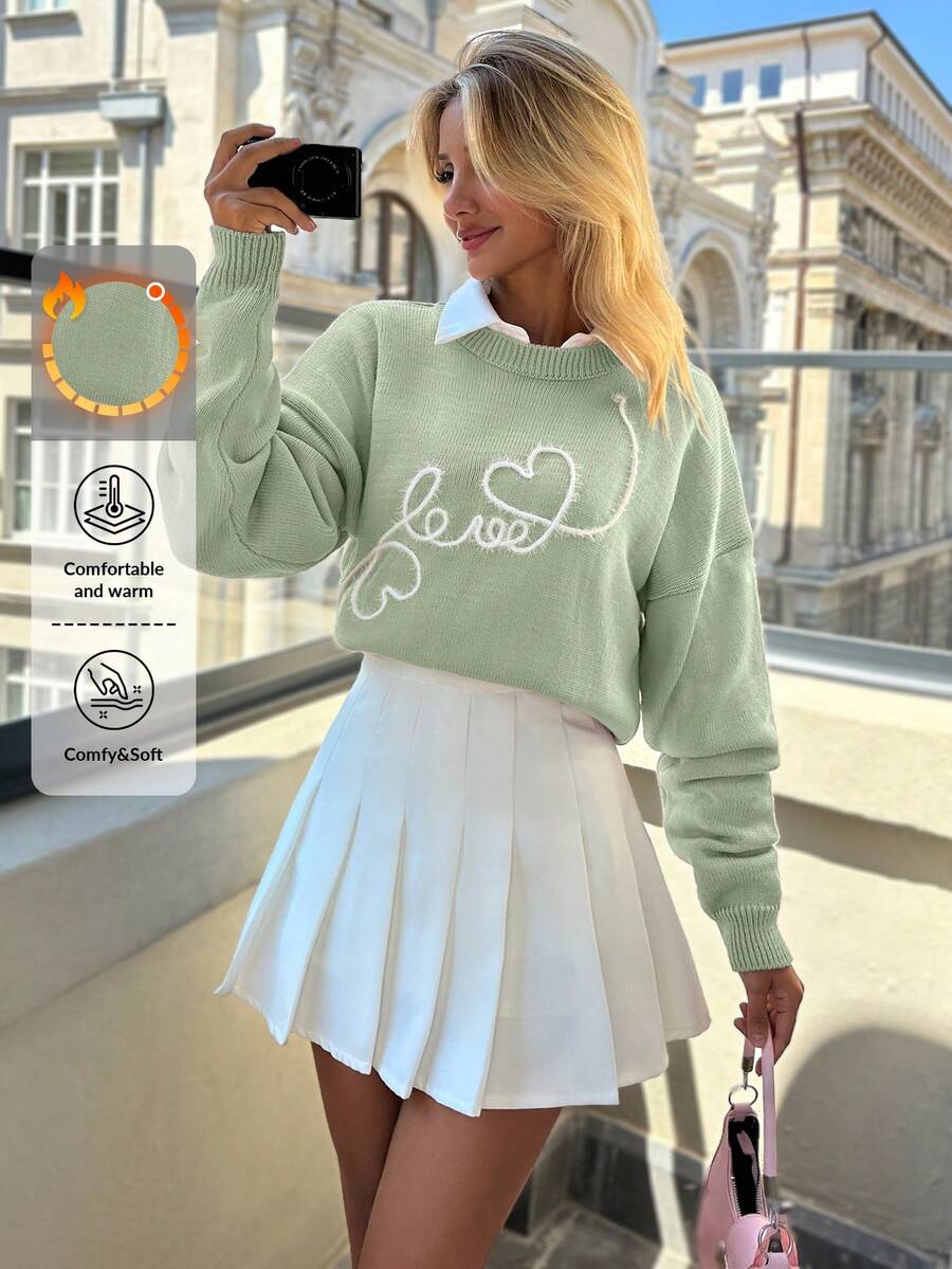 EURMUSE Casual Contrast Color Love And Heart Shape Pattern Embroidery Crew Neck Cute Sweater - Mint Green - View 1