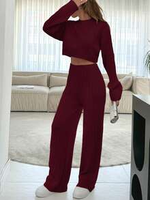 EURMUSE Casual Solid Color Cropped Sweater And Ankle Length Pants, Autumn/Winter - Burgundy - View 6