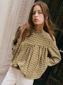 Nöista 格子衬衫，优雅高领，蓬松袖子，宽松廓形，为女性冬季提供别致精致的选择，非常适合打造精致的日常造型、优雅的派对装扮、节日圣诞装扮和优雅的新年装束。 - 棕色 - 查看 11