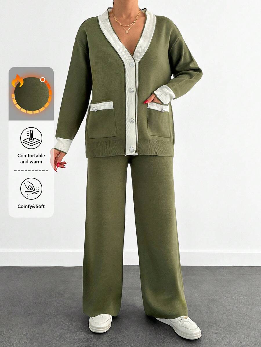 EURMUSE Ladies' Two Piece Set Of Colorblock Cardigan With Rolled Edge And Drop Shoulder & Pants With Button Fly ,Petite Women - Khaki - View 1