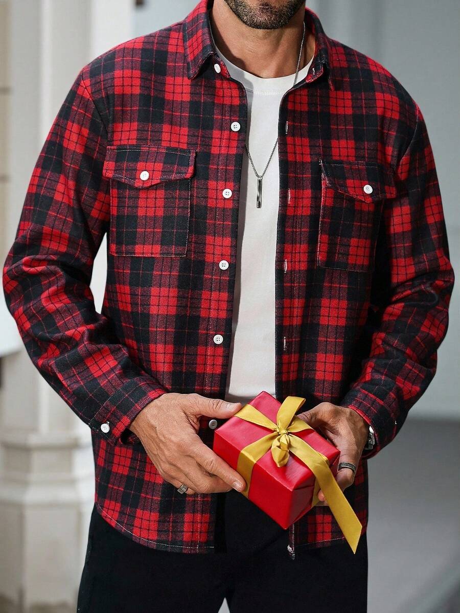Manfinity CasualCool Áo khoác nam tay dài cài nút phía trước, trang phục thường ngày, ấm áp, áo sơ mi kẻ sọc, giáng sinh, thu đông - Đỏ - Xem 1