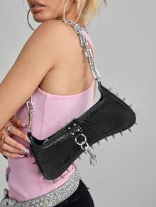 ROMWE Grunge Punk Women's Punk Edge Studded Shoulder Bag With Acrylic Chain Straps - Urban Streetwear Style Purse For Everyday Use