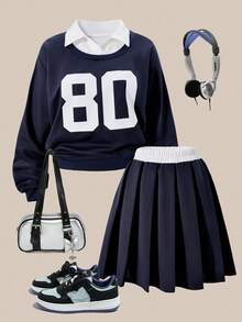 Sparklyn 2 件套青少年女孩休闲宽松落肩衬衫领衬衫和裙子套装 - 寶藍色 - 查看 1