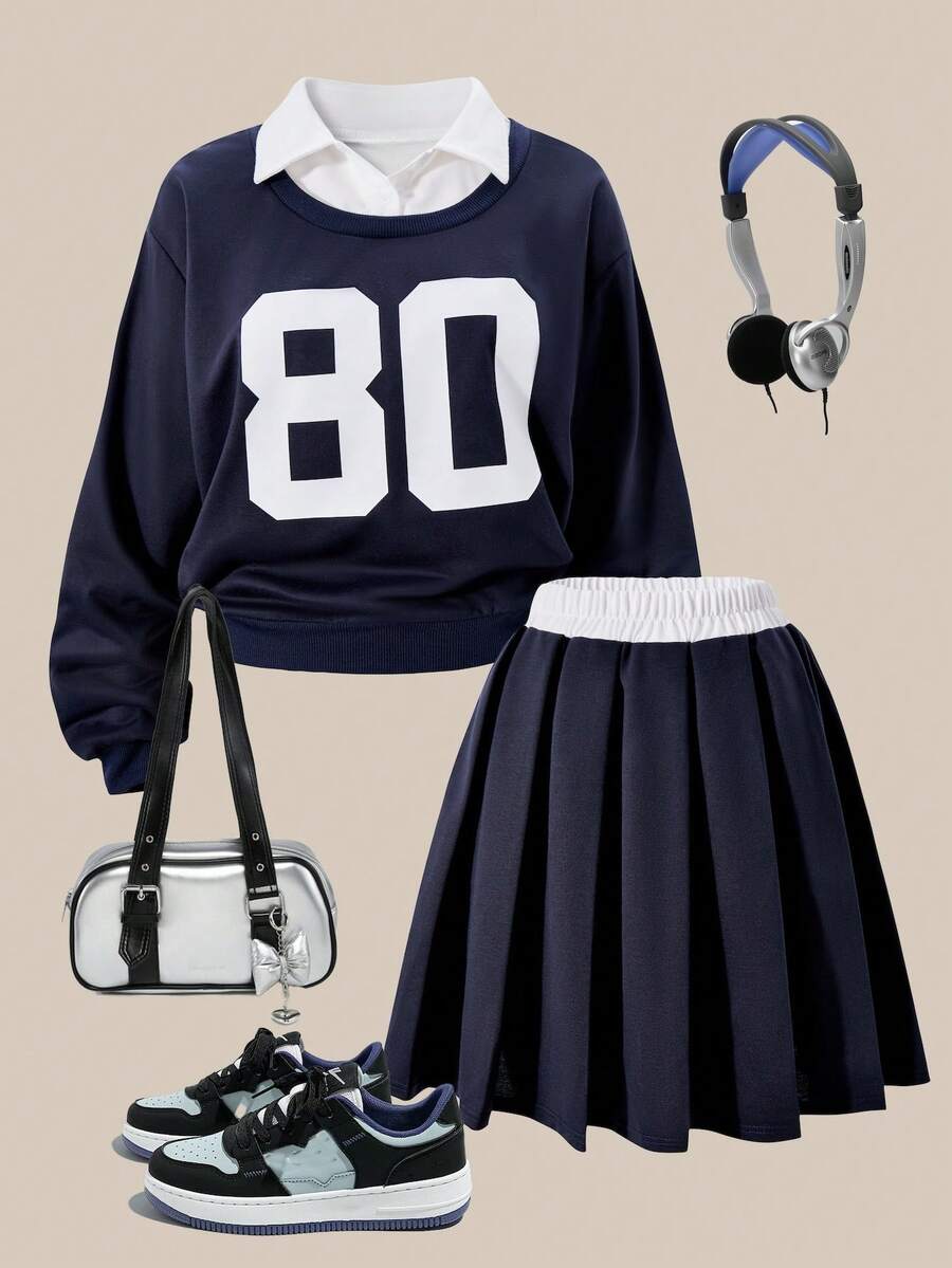 Sparklyn 2 件套青少年女孩休闲宽松落肩衬衫领衬衫和裙子套装 - 寶藍色 - 查看 1