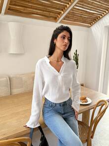 SHEIN Frenchy Solid Notched Neck Roll Up Sleeve Blouse 100% Cotton Winter White Casual Spring - White - View 4