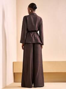 Zivah 2025 Herbst und Winter Neue Lässige Pendler Locker Braun V-Ausschnitt Wickel Langarm Bluse + Hohe Taille Weite Bein Hose Damen Zweiteiler, Geeignet für tägliche Ausflüge, Reisen, Treffen mit Freunden, Business Lässig Damen, Brunch Outfits für Damen, Pendeln, Party, Urlaub, Old Money Stil, Einkaufen, Bankett, Elegant, Party, Date, Lässig, Weihnachten, Neujahr-A