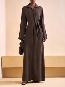 Zivah Lễ hội âm nhạc mới Thu/Đông 2025, Lễ Phục sinh, Ngày Thánh Patrick, Phong cách miền Tây, Du mục, Tiệc sinh nhật, Tốt nghiệp, Phong cách đại học, Sinh viên, Thường ngày, Đa năng, Giải trí, Du lịch du thuyền, Bãi biển, Tắm nắng, Lan truyền, Thời trang đường phố, Khách dự tiệc cưới Boho, Đi làm, Ăn trưa, Sân bay, Y2K, Cổ điển Shabby Chic, Đầm sơ mi dài tay buộc eo cổ quấn, Đầm dài màu nâu - màu nâu - Xem 3