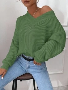 RueChic V Neck Drop Shoulder Sweater