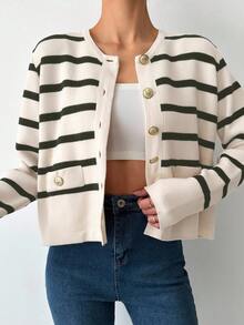 EURMUSE Off-White Pattern Button Front Cardigan Office Brunch Autumn Elegant - Multicolor - View 4