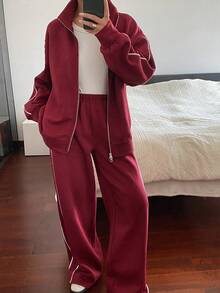 DAZY 2pcs Women Contrast Color Trim Long-Sleeved Jacket And Pant Set