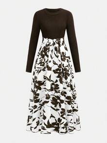 SHEIN Teen Girl Elegant Vacation Contrast Color Print Flared Hem Round Neck Long Sleeve Stretch Woven Dress - Brown - View 4