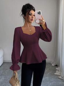 SHEIN Elenzya 优雅方领，收腰，多种面料拼接设计，喇叭形下摆，长袖，松紧袖口，精致，简约，适合通勤、办公室、浪漫、西西里派对、户外、短款衬衫、秋冬衬衫 - 紫紅色 - 查看 5