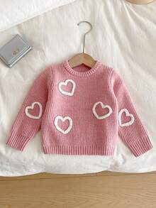 SHEIN Vintaside Kids 时尚百搭可爱爱心图案女童套头毛衣，秋冬季针织衫，女童毛衣，女童针织上衣，小女孩长袖服装，女童针织上衣，女童纯色毛衣，女童秋冬保暖针织上衣，可爱毛衣，女童休闲秋季服装，3-4岁秋季服装，粉色套头毛衣针织套装，女童针织毛衣，女童秋冬服装，少女爱心毛衣，女童针织衫，女童爱心毛衣，女童秋冬服装 - 藕粉色 - 查看 7