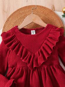 SHEIN Young Girl Solid Color Round Neck Ruffle Hem Casual Knit Dress - Red - View 5