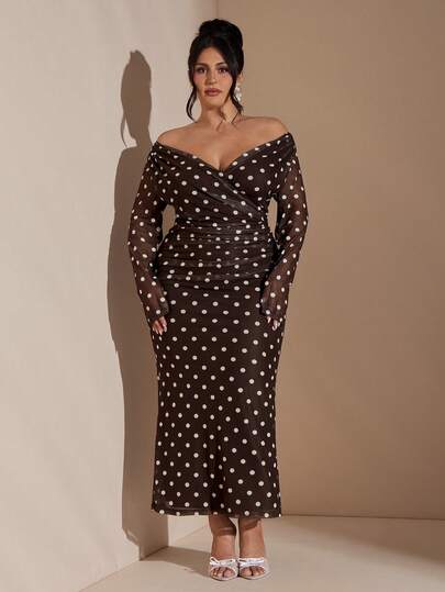 SHEIN BAE Plus Size Women's Polka Dot V-Neck Ruched Off-Shoulder Elegant Dress, Brown Dress, Autumn/Winter,Women's Off-Shoulder Long Sleeve Fitted Polka Dot Dress,Polka Dot Off-Shoulder Sexy And Elegant Dress, Suitable For Cocktail Parties, Romantic Dates, Autumn/Winter Layering, Parties, Formal Gatherings,,Valentine's Day,Valentine Outfits For Women