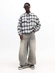 SUMWON Camisa de franela cepillada de manga larga con ajuste cuadrado, cuello abotonado y bolsillo en el pecho para capas casuales en invierno - Blanco y Negro - Ver 3